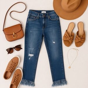 Free People Jeans Fringe Hem Distressed Skinny Ankle Jeans Sz 25